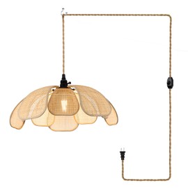 ALAISLYC Boho Flower Chandeliers for Dining Room Farmhouse Rattan Pendant Lights Girl Chandelier Hand Woven Bedroom Light Fixture Dimmable Plug in Hanging Lamp for Kitchen Island