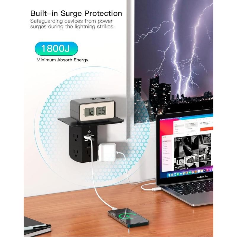 Wall Outlet Extender with Shelf and Night Light,Surge Protector,USB Wall