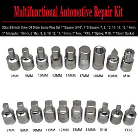 20PCS 3/8" Drive Oil Drain Sump Plug Key Set, Gearbox Hex Square Triangle Torx Spline Socket Set, Engine Repair Mechanic tool