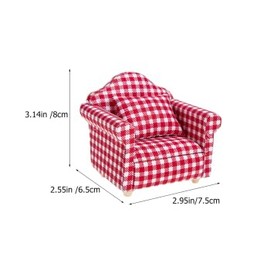 2 Sets Dollhouse Furniture: Miniature Sofa Mini Armchair Dollhouse Wooden Couch with Cushion Red Check Pattern Gnome for Mini Dollhouses Accessories