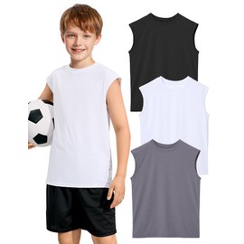 Somaibo 3 Packs Boys Athletic Tank Tops Breathable Mesh Undershirts Quick Dry Sleeveless Muscle T-Shirts for Kids White/Black/Grey 11-12 Years