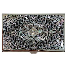Mother of Pearl Business Card Case Credit Id Name Holder Travel Wallet Art Painting Design Metal Stainless Steel Engraved Slim Purse Pocket Cash Money Wallet (Diamond Arabesque)