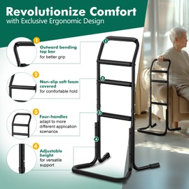Stand Assist Aid for Elderly - Adjustable Mobility Aids with Sturdy Widened Base& Flat Anti-Slip Feet for Chair, Couch, Toilet, Portable Stand Up Grab Bar with Foam Padded Handles& Storage Pocket