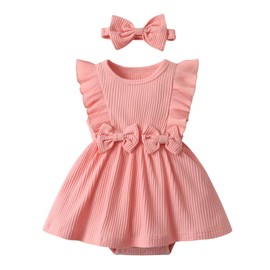 Newborn Baby Girl Summer Romper Dresses Clothes Set Sleeveless Bow Overall Bodysuit One Piece Skirt Headband 2PCS Outfit Pink 9-12 Months