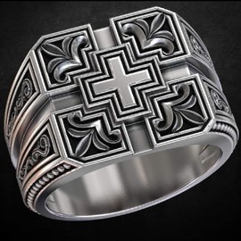 Cross Ring for Men, Christian Religious Ring, Vintage Carved Band Rings, Retro Cross Totem Ring, Gothic Cross Amulet Ring, Punk Cross Signet Ring, Baptism Christian Jewelry Unique Jewelry for Men Mens (8, Silver)