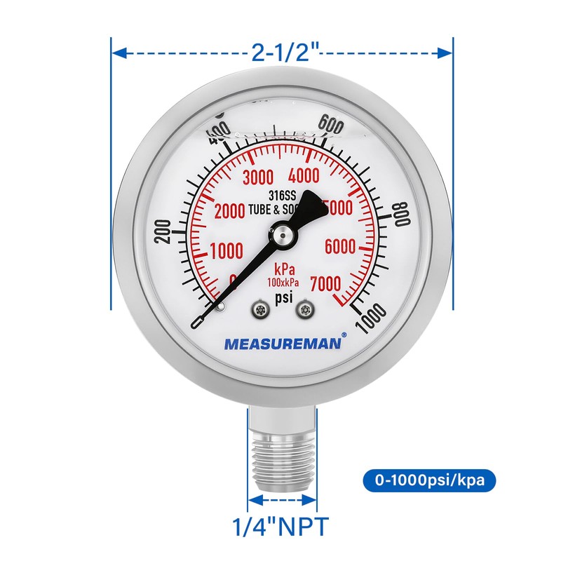 MEASUREMAN Pressure Gauge, 0-1000 PSI/kPa, Glycerin Filled, 1/4 NPT Lower