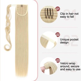 Wrap Around On Ponytail Extension Long Straight Wavy Clip In On Ponytail One Piece Synthetic Heat Resistant Magic Paste Wrap Pony Tail Hairpiece Soft Silky (26"Straight,Bleach Blonde)