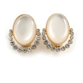 25mm Tall/Oval Faux Cat's Eye Stone Crystal Clip-On Earring in Gold Tone