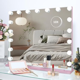 HOMPEN Hollywood Vanity Mirror Makeup Mirror with Lights, Touch Screen, 3 Color Modes Frameless Tabletop Mirror with 17 Dimmable Bulbs, Pink