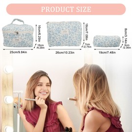 mumisuto Large Quilted Makeup Bag, 3Pcs Cotton Quilted Toiletry Bag Floral Makeup Bag Large Travel Cosmetic Bags Cute Quilted Cosmetic Bag for Women Ladies Girls (Blue)