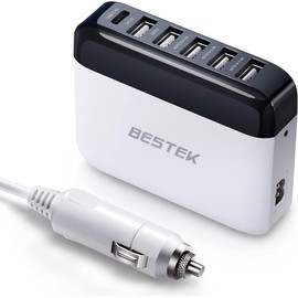 USB-C PD Autoladegerät, BESTEK USB Ladegerät 6 Fach Ladestation 86W mit 1,5 m Verlängerungskabel und Zigarettenanzünder Stecker, Netzteile für Handys, Tablets, MP3 usw, Weiß