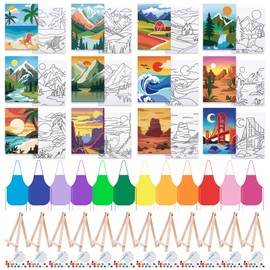 Anseal 84 Pcs Kids Paint Party Set Party Favors 12 Pre Drawn Canvas 12 Brushes 12 Palettes 12 Set Acrylic Paints 12 Apron Canvas Painting Kit for Kids Art Paint Party（Landscape Style）