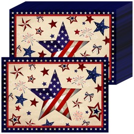 Memorial Day Placemat Disposable 50Pcs Patriotic Freedom Stars Place Mats 4th of July Veterans Paper Table Placemats Independence Day Holiday for Indoor Outdoor Party Dining (Star Fireworks)