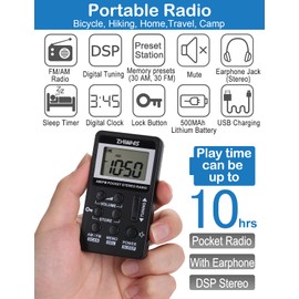 ZHIWHIS Portable Radio, AM FM Receiver with Sleep Timer, Rechargeable Stereo Radios with Digital Clock, DSP Tuner with Preset Function Pocket Walkmen for Walking Travel