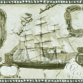 CONCORD WALLCOVERINGS ™ Wallpaper Border Nautical Pattern Vintage Map Sailboats Frigate for Living Room Farmhouse Cottage Bathroom, Gray, 15 ft by 7 in WD76839