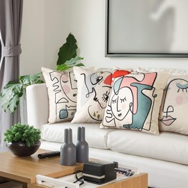 Artscope Cushion Cover Set of 4 Linen Decorative Square Pillowcase Pillow Cover 45x45cm for Home Decor Sofa Bedroom Car (Abstract face, Covers)