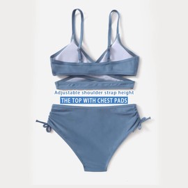 MIENOE Teen Girls' Swimsuits Two-Piece V-Neck Bikini Swimsuit Solid Color Adjustable Shoulder Straps Swimsuit Kids Grey Bikini (Size 10-11Years)