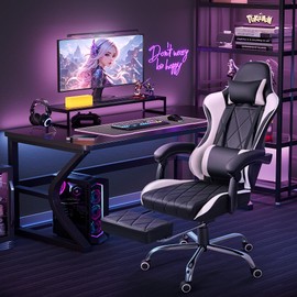 Furmax Gaming Chair, Computer Chair with Footrest and Massage Lumbar Support, Swivel Seat Height Adjustable Video Game Chair with Headrest for Office or Gaming (Light White)