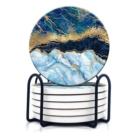 HOPONY Coasters for Drinks,6 Pieces Ceramic Stone Coaster Set with Metal Holder Stand, Cork Base,Absorbent Cups Place Mats for Home Decor,Blue