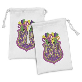 Ambesonne Mardi Gras Fabric Pouch Set of 2, Comedy and Tragedy with Mardi Gras Carnival Blazon Design, Small Drawstring Bag for Toiletries Masks and Favors, 9" x 6", Purple Green Yellow
