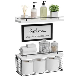 WOPITUES Floating Shelves for Bathroom Wall Decor Sign, Bathroom Organizer and Storage, Bathroom Shelves Over Toilet with Metal Guardrail-Modern White