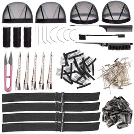 118 Pieces Wig Caps Wig Installation Kit Stretchable Mesh Dome Wig Caps Makeup Kit Accessory Thread with Needle Lot Wig Comb Metal Hair Clip Adjustable Elastic Band Wig Straps Wig Install Kit