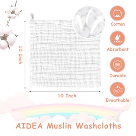 AIDEA Muslin Baby Washcloths-10 Pack, 100% Cotton Washcloth, Soft & Super Absorbent Baby Towels, Baby Bath Face Towels, Burp Cloths for Newborn Essentials, Baby Gifts-White-10"x10"