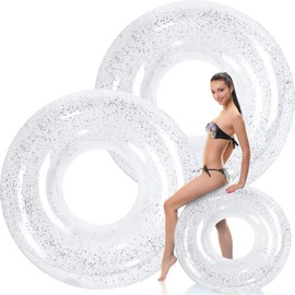 Wettarn Jumbo Pool Floats 47.24 Inches Large Float Tube Inflatable Pool Floats Clear Swim Floats Adults Size Swimming Tube with Colorful Sequins for Beach, Lake, Pool Party Supplies (2 Pcs)