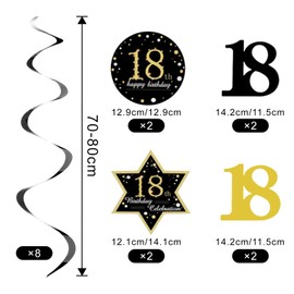 Birthday Party Hanging Swirls Decorations, 16PCS Shiny Black and Gold Swirls Streamers Ceiling Decor for Birthday Decorations Anniversary Celebration Party Women Men (Black Gold 18th)