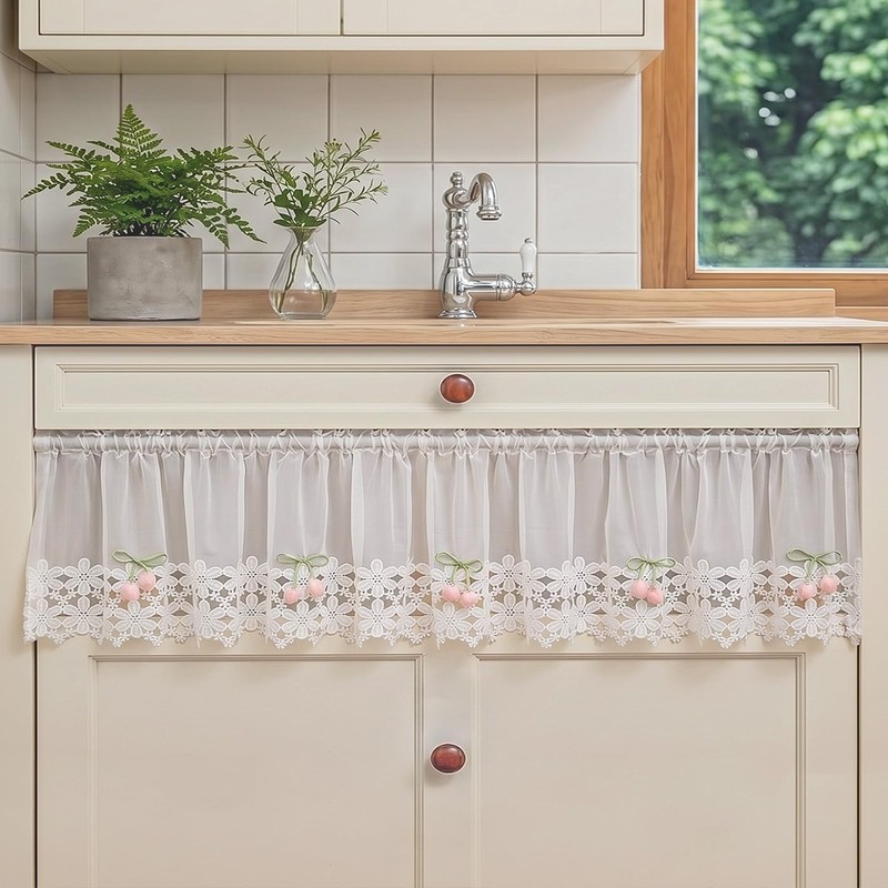 White Sheer Valance Lace Trim Pink Tulip Decor Farmhouse 60W