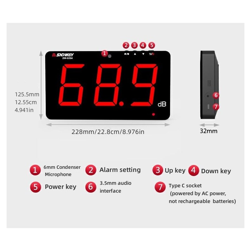 TestHelper SW-525B Sound Level Meter Tester 30-130db,9.6in Screen LCD Display