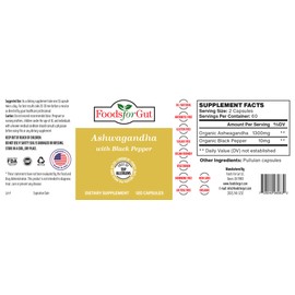Foods For Gut Ashwagandha | 1300 mg Per Serving 120 Capsules | Organic | Free of Top Allergens | Immune Support | Stress Relief | Energy & mood Support