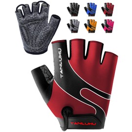 Tanluhu Cycling Gloves Mountain Bike Gloves Half Finger Road Racing Riding Gloves Breathable Shock-Absorbing Biking Gloves for Men and Women (Wine Red, L)