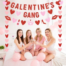 4Pcs Pre- Strung Galentine’s Gang Banner, Galentines Day Decorations for Party NO DIY Happy Galentine’s Day Banner with Love Hearts for Girl Lady Galentines Day Party Decorations