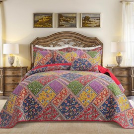 BEDIFANY Cotton King Quilt Set - Vintage Farmhouse Bedspread with Vibrant Floral Pattern, 3-Piece Lightweight Coverlet (98x106 Inch) + 2 Pillow Shams, All Seasons Multicolor Quilt Bedding Set