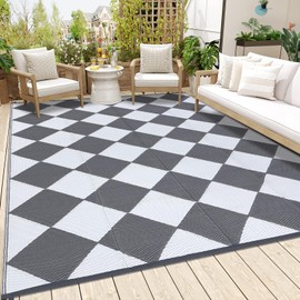 GarveeLife 9x18 Outdoor Rug for Patio Reversible, Plastic Straw Rug Waterproof Camping Rug Portable, Foldable Lightweight Mat for RV, Patio, Backyard, Deck, Picnic, Beach (Grey/White)