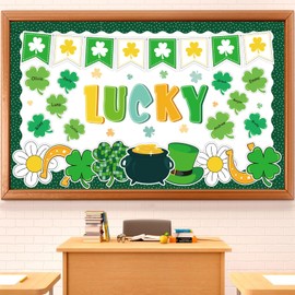 FYSUIMU St. Patrick's Day Classroom Bulletin Board Decoration Gold Green Shamrock Paper Cut-Out Lucky Clover Border Trim Name Tag for Teacher Nursery Classroom Door Wall Crafts Photos Decor