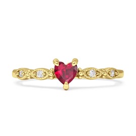 OMRANII Yellow Tone Ruby CZ Size-5 Art Deco Heart Shaped Milgrain Marquise Vintage Promise Ring Wedding Engagement Ring 925 Sterling Silver
