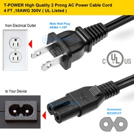 T POWER UL Listed, 4FT 2 Prong Ac Power Lead Cable Cord 18AWG for LG Electronics OLED Ultra HD Smart LED TV 26" 28" 30" 32" 33" 40" 43" 49" 50" 55" 60" 65" 75" 82" LED Monitor Screen