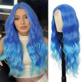 quickwig Long Blue Wavy Wig for Women 26 Inches Ombre Blue Wigs Middle Part Heat Resistant Synthetic Fiber Colored Hair Wig for Daily Party Use