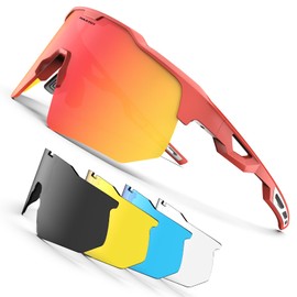 [HAAYOT] Polarized Cycling Glasses Men Women Road Bike Sports Sunglasses 5 Lenses TR90 Frame Mountain Bike Glasses MTB Goggles Running Fishing Hiking, gloss red & orange