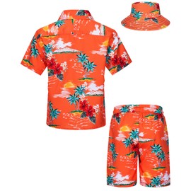 TUNEVUSE Little and Big Boys Hawaiian Shirt and Short Set, Summer Printed Kids Cabina Set with Hats, Orange09, 3T - 4T