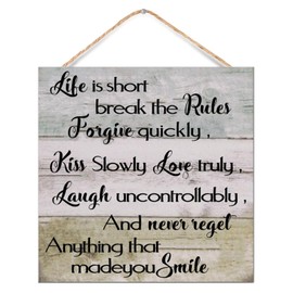 WengBeauty Life Is Short Break The Rules Wood Sign, Modern Farmhouse Wall Decor Hanging Sign, Home Decor, Rustic Decor, Inspirational Motivational Plaque, Housewarming Gifts 8x8 Inch