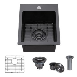 VAPSINT 13x15 Inch Black Drop In Bar Sink, Single Bowl Top Mount Handmade Gunmetal Black Wet Bar Prep RV Sink, 16 Guage Stainless Steel Outdoor Small Kitchen Sinks with Grid & Drain Strainer