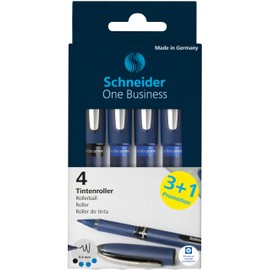 Schneider 183084 One Business Rollerball Pen (Indelible with 0.6 mm Line Width, Made in Germany) Set of 4, 3 x Blue, 1 x Black