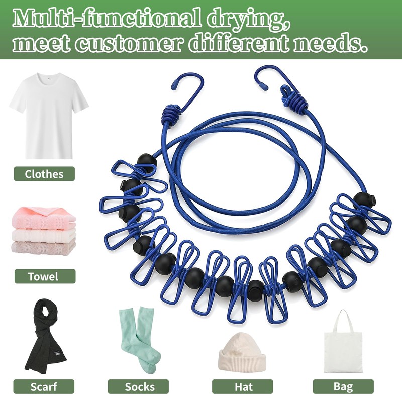 BODFPPC Travel Washing Line with 12 Clips, Portable Windproof Retractable