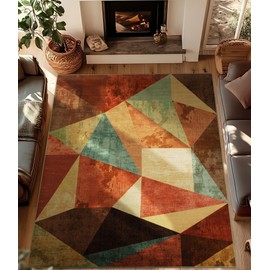 YIHOUSE Brown Area Rug 8x10,Geometric Burnt Orange Area Rug Non Slip,Farmhouse Rugs Washable,Vintage Burgundy Carpets for Bedroom, Boho Rug for Kitchen,Dining Room