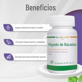 Nutrasien100 Aceite de Hgado de Bacalao  Omega 3, Vitamina A y D3  60 Cpsulas Blandas  Suplemento para Huesos, Bienestar Diario y Salud Familiar      
