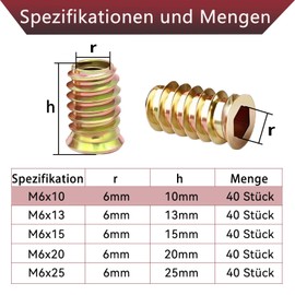 Pack of 40 Screw Nuts M6 x 10 mm, Threaded Insert Wood, Threaded Inserts Insert Nuts, Threaded Sleeves Screw-In Sleeve, Zinc Screw Sleeves for Wooden Furniture, with Key