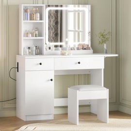 dainslef White Vanity Desk with LED Lighted Mirror & Power Outlet, Makeup Vanity with Drawers & Cabinet & Chair, Vanity Table Set for Bedroom